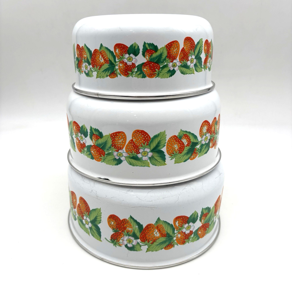 Set of 3 1970s JCP Kobe Kitchen Enamelware Steel Strawberry Bloom Nesting Bowls